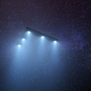 Unidentified flying object at night with fog and a light below. Triangular UFO, 3D illustration.